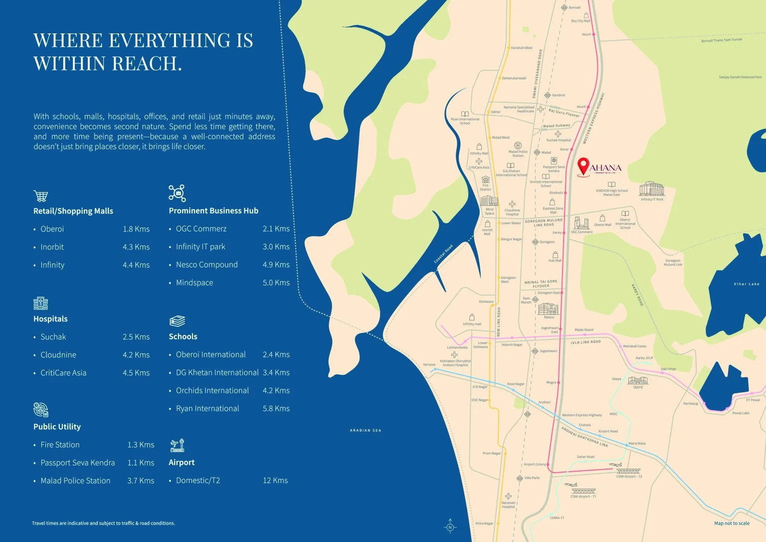 L&T Ahana Malad East location map showing Western Express Highway, Kurar, Malad and nearby connectivity